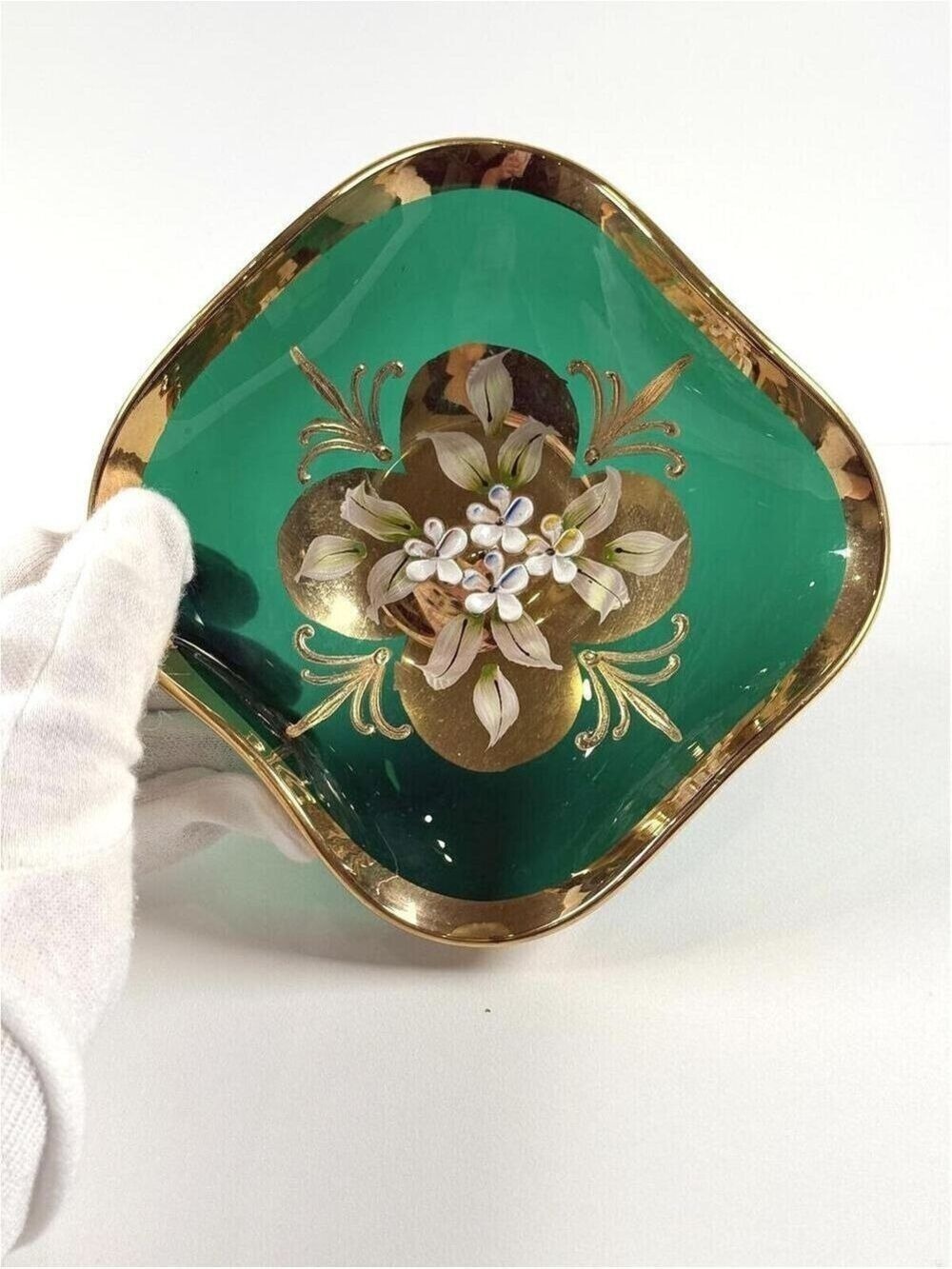 Bohemian Glass Trinket Dish Emerald Green Gold Gilt Enamel Flower Mid Century